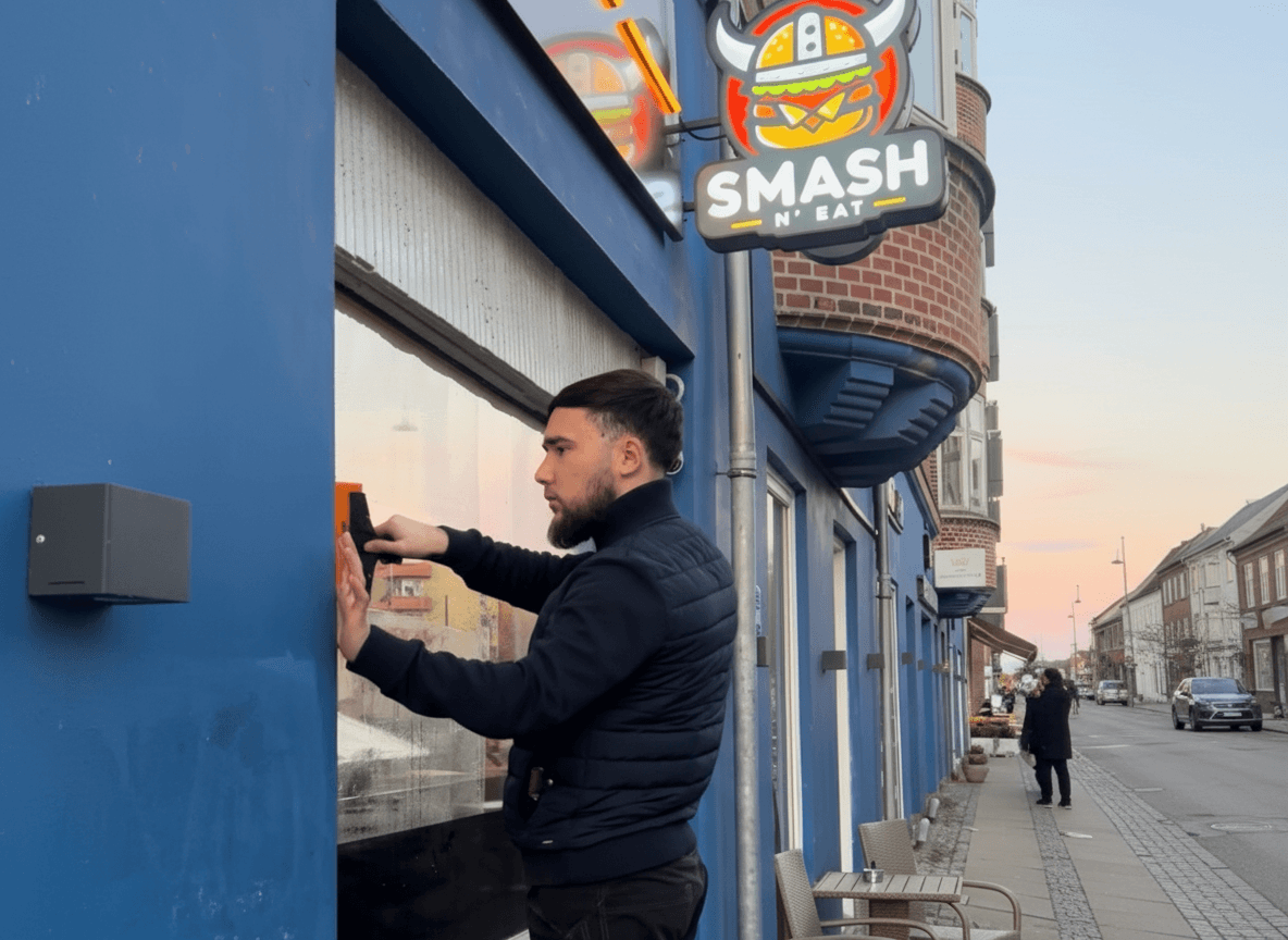 Nordic Solfilm montør monterer solfilm på butiksfacade hos Smash N' Eat